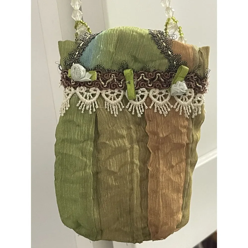 VINTAGE Handmade SILK Small POUCH purse CASE phone GLASSES flowers BEADS OOAK 5